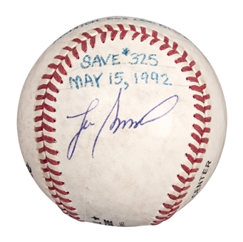 1992 Lee Smith Game Used/Signed Career Save #325 Baseball Used on 5/15/92 (Smith LOA)